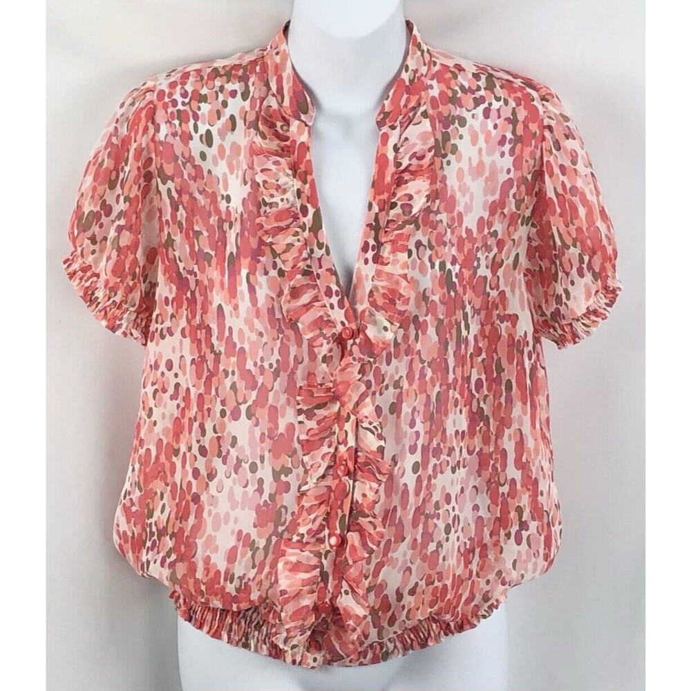 Apt 9 Chiffon Top S Pink Multi Polka Dot Smocked Ruffles Flowy Dainty Coquette